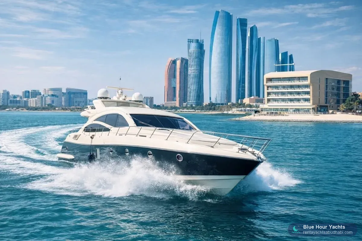 Eclipse 68 superyacht cruising past the Abu Dhabi skyline – rent a yacht in Abu Dhabi